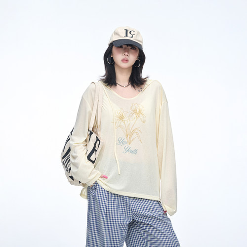 设计感印花连帽长袖t恤女夏季新款物理防晒罩衫宽松慵懒软糯上衣