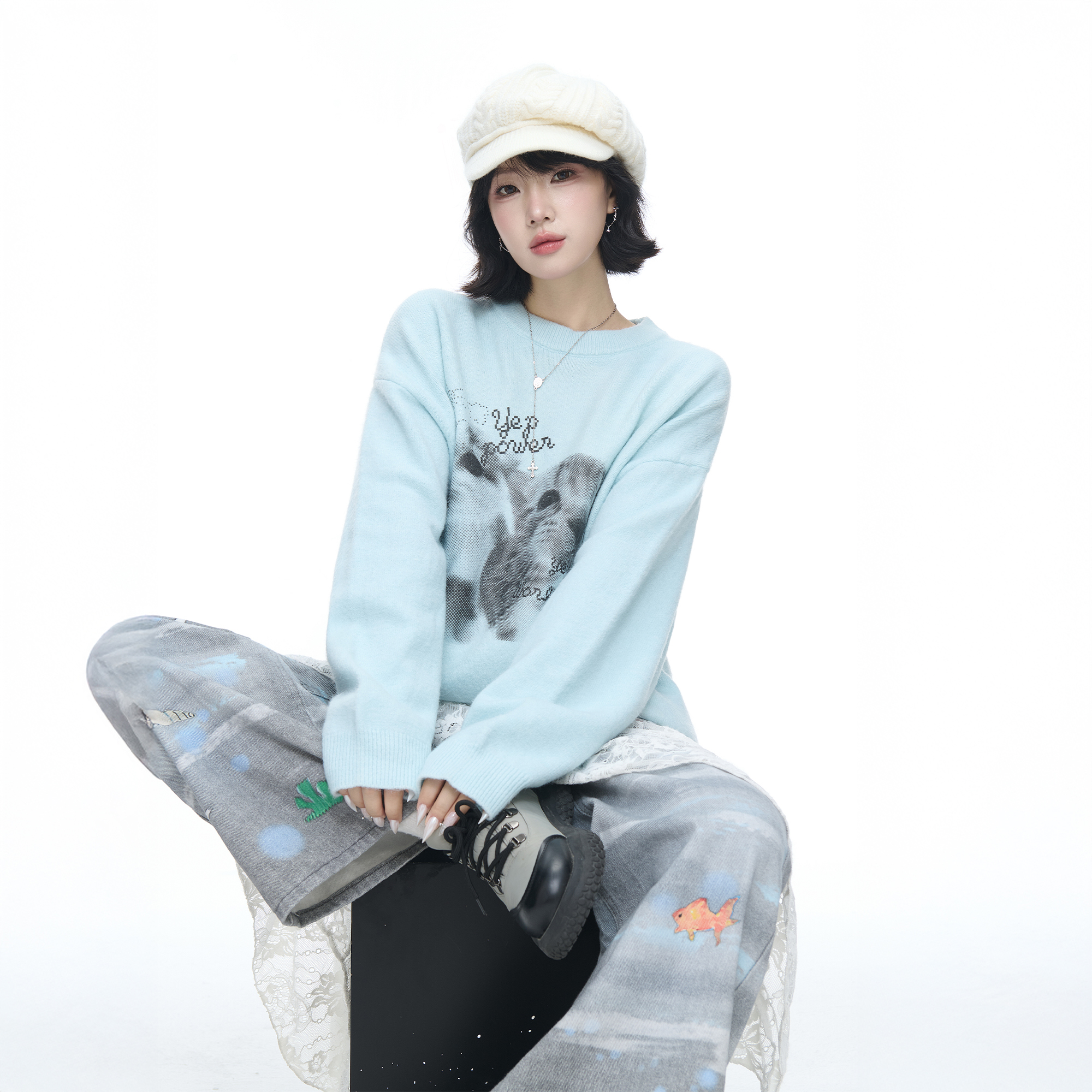 美式高街创意猫咪印花圆领毛衣女秋冬新款宽松慵懒风情侣针织上衣