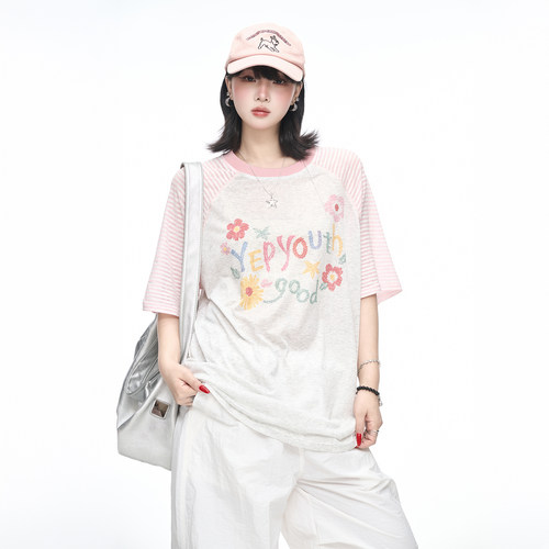复古拼接明线印花短袖t恤女春夏新款插肩袖条纹半袖宽松慵懒上衣
