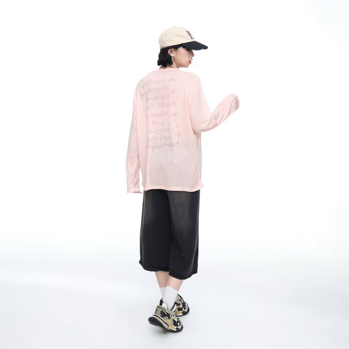 粉色字母印花薄款长袖T恤女春秋新款宽松慵懒风微透防晒罩衫上衣