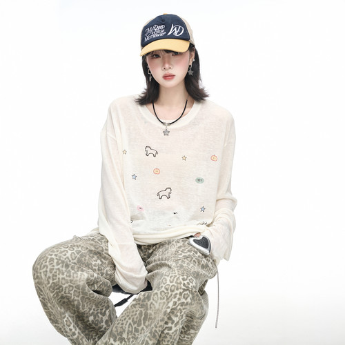 美式潮牌印花长袖t恤女春季新款慵懒风软糯罩衫宽松复古打底上衣