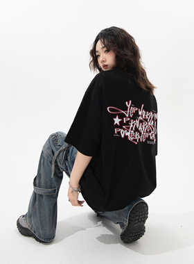 YEP复古黑色印花纯棉短袖t恤女夏季2025新款爆款宽松oversize上衣
