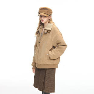 保暖棉衣外套 新款 美式 复古可拆卸羊羔毛领翻领鹿皮绒棉服女冬季