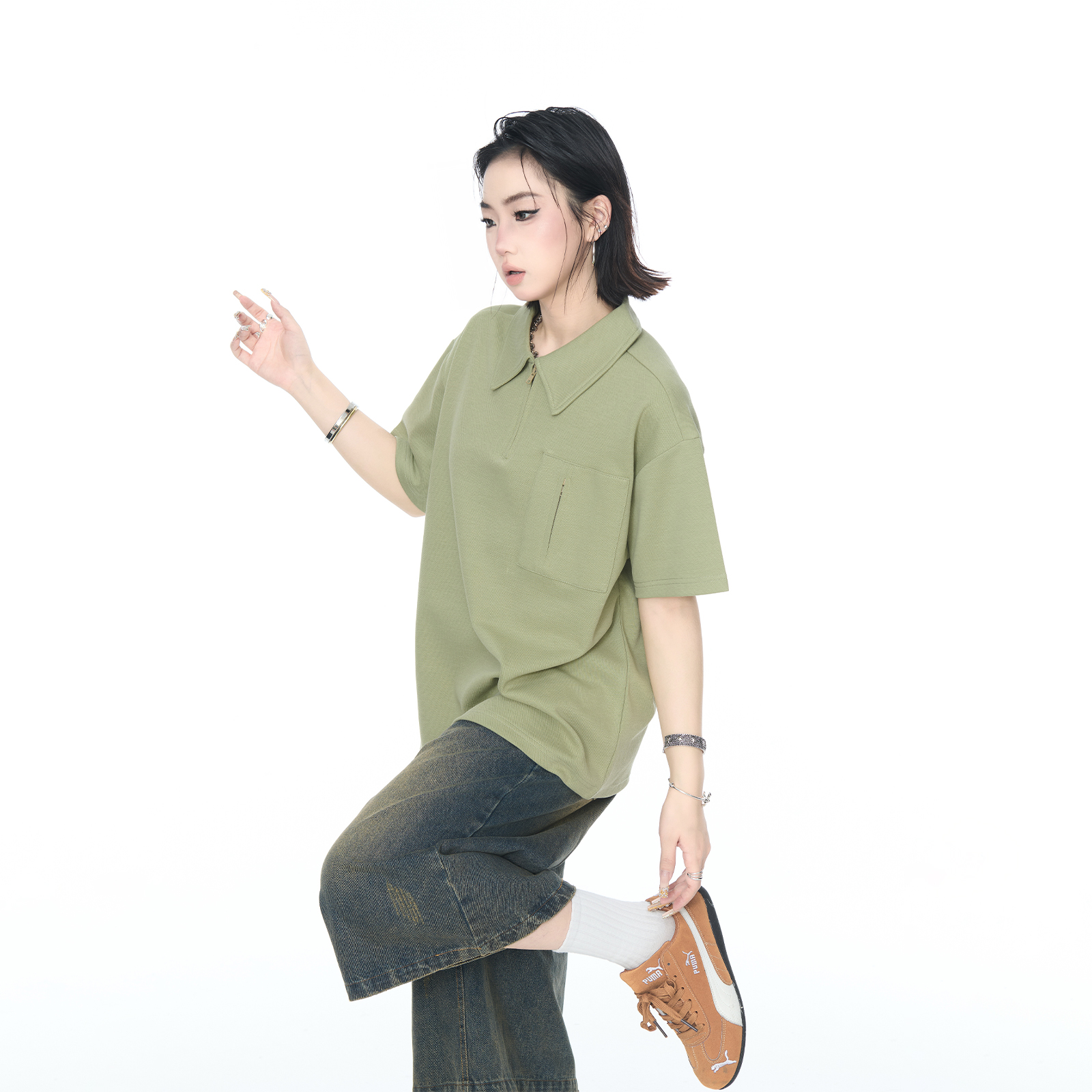 YEP复古纯色拉链POLO衫男女夏季新款短袖t恤正肩宽松情侣装半袖潮