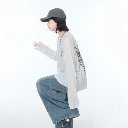 美式复古T恤女长袖夏季2026新款宽松轻薄微透防晒罩衫慵懒风上衣