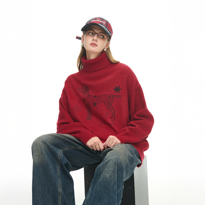 2025秋冬新款创意印花高领毛衣女宽松慵懒风情侣款套头针织衫上衣