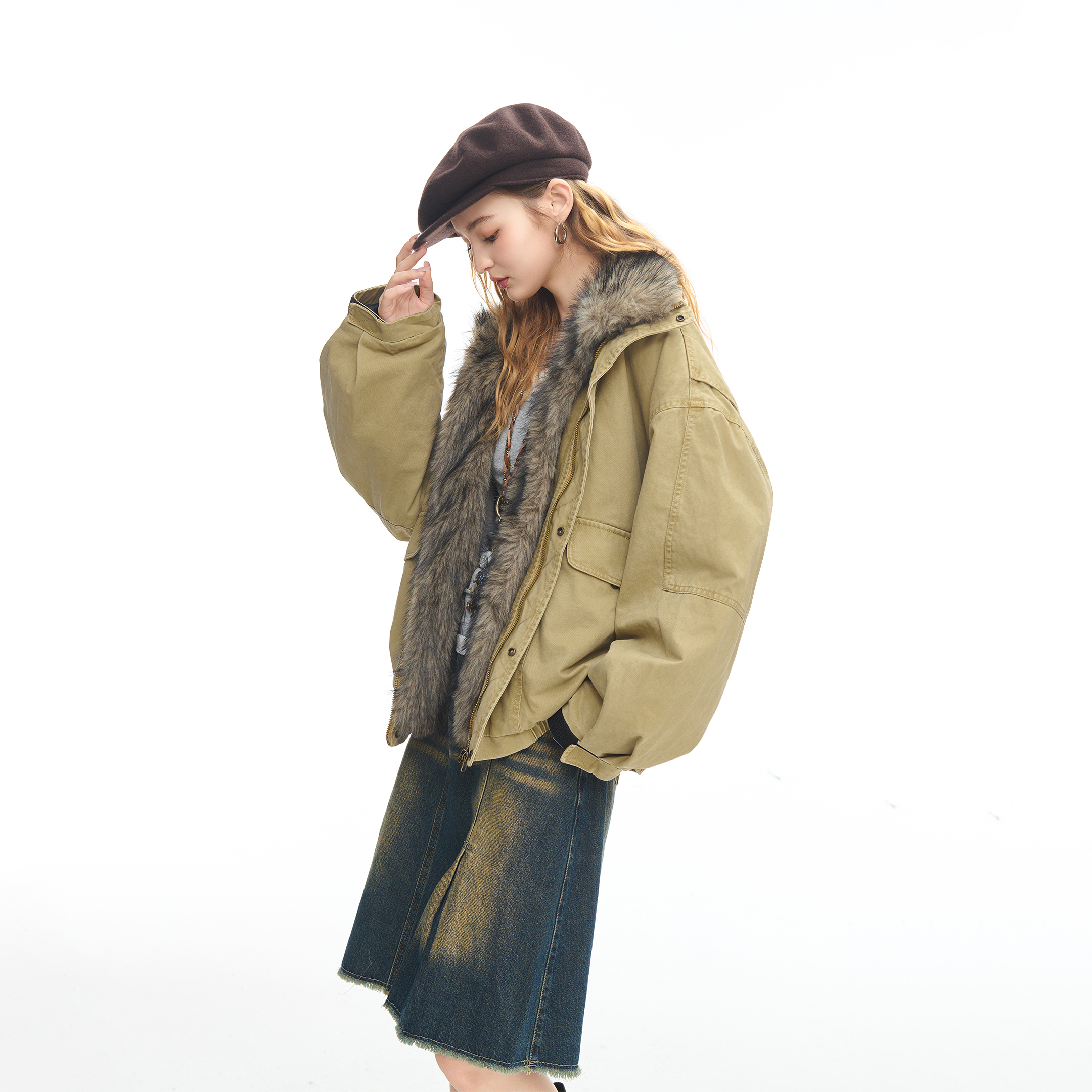 美式复古座山雕立领棉服女冬季新款宽松加绒保暖情侣工装棉衣外套