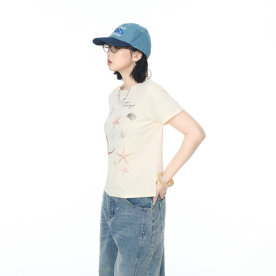 2026夏季新款正肩短款海星印花短袖T恤女ins辣妹风修身半袖上衣