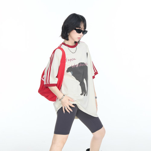 美式潮牌拼色猫咪印花短袖T恤女2026夏季新款设计感宽松情侣上衣