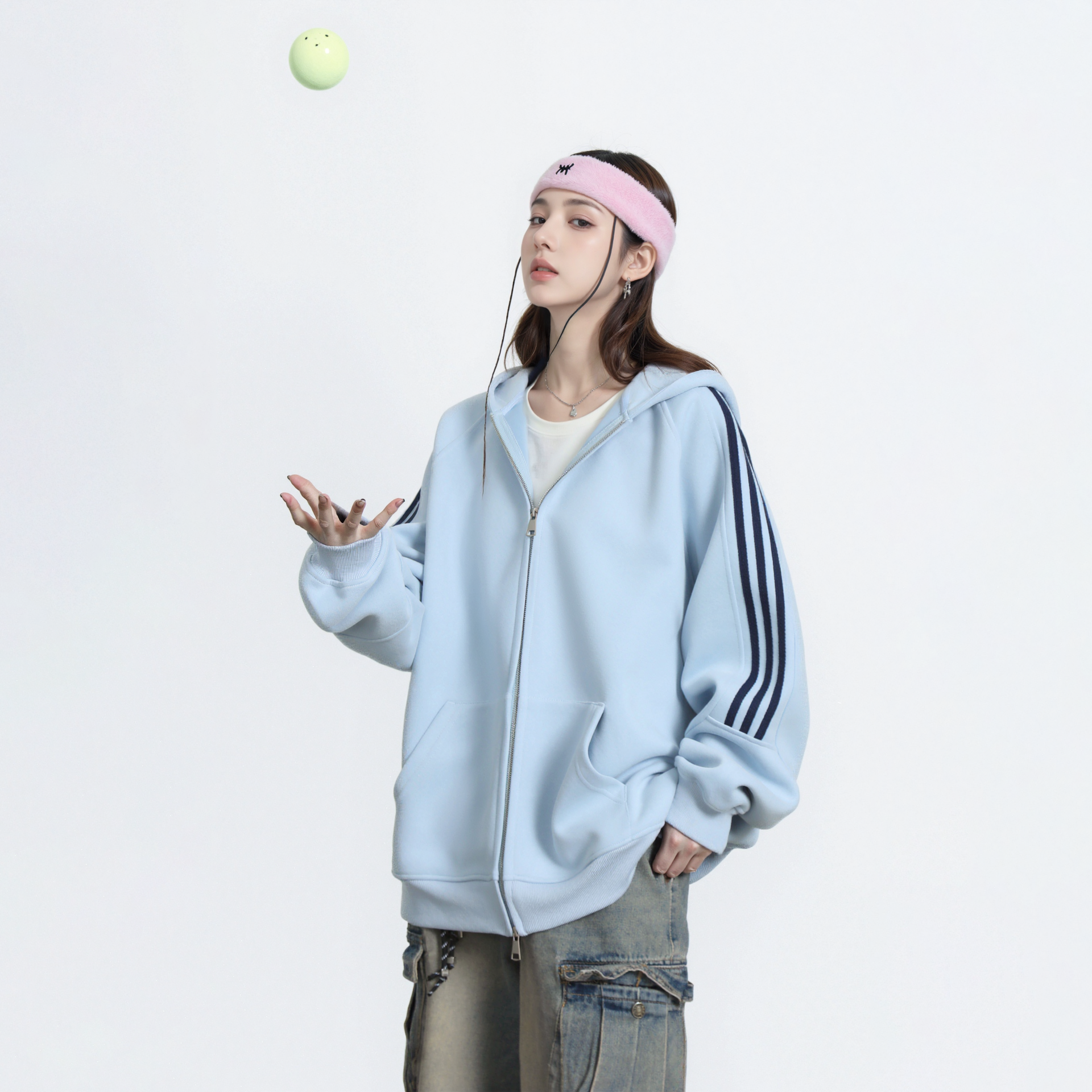 美式三条杠撞色连帽卫衣女春秋2025年新款宽松休闲开衫拉链外套