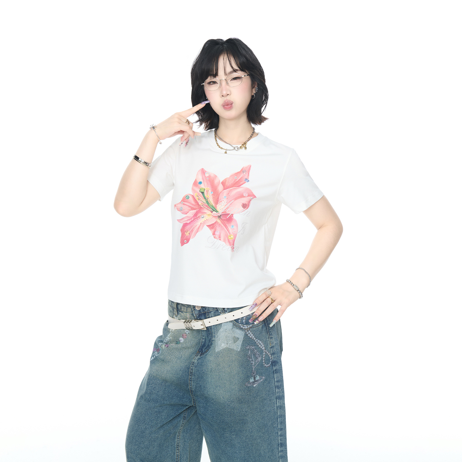 2025夏季潮牌花朵印花短袖正肩T恤女显瘦街头ins风圆领半袖上衣