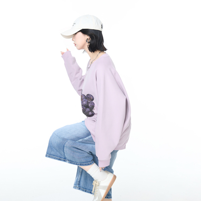 YEP春秋新款浅紫色葡萄印花圆领卫衣女宽松外套美式街头套头上衣