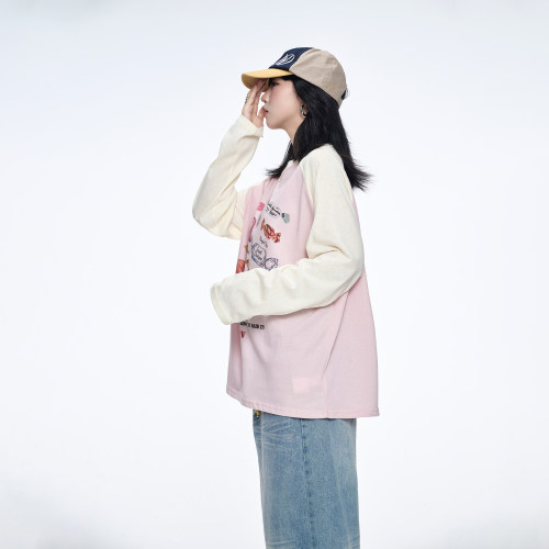 美式卡通印花拼接长袖t恤女早秋新款插肩袖打底衫宽松复古上衣潮