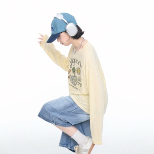 美式复古印花长袖t恤女夏季新款莱赛尔凉感防晒罩衫宽松薄款上衣