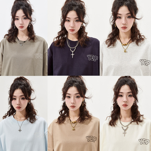YEP简约字母厚板胶印花短袖 宽松上衣 t恤女2025春夏新款 复古情侣装