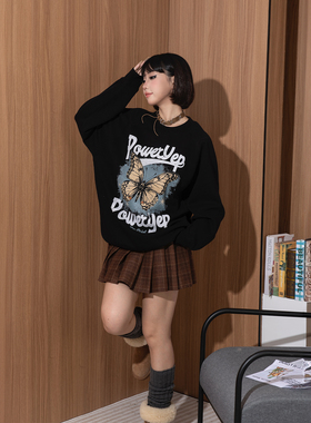 YEP黑色蝴蝶卫衣女春秋2025新款加厚插肩袖圆领套头无帽上衣加绒