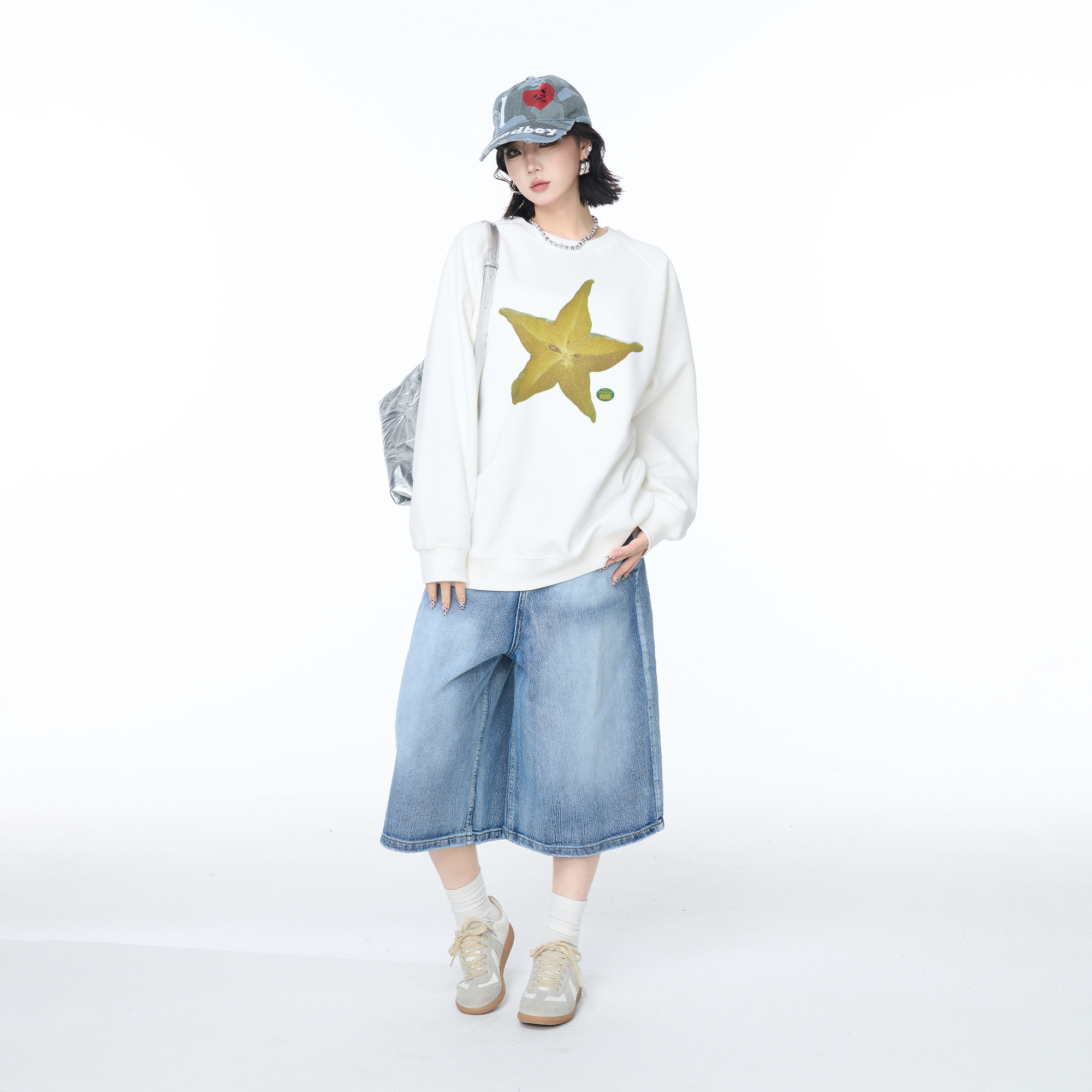 YEP春秋新款星星印花圆领卫衣女美式复古风宽松休闲无帽外套上衣