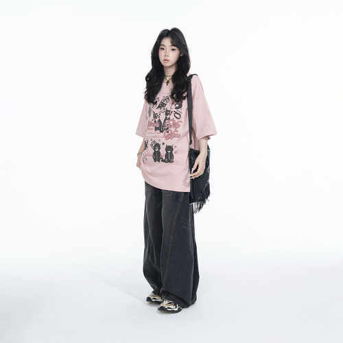 YEP2026春夏新款猫咪印花宽松T恤ins风街头复古风甜辣少女感上衣