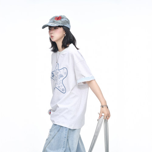 复古假两件印花t恤女短袖2026新款夏季拼接半袖宽松美式打底上衣