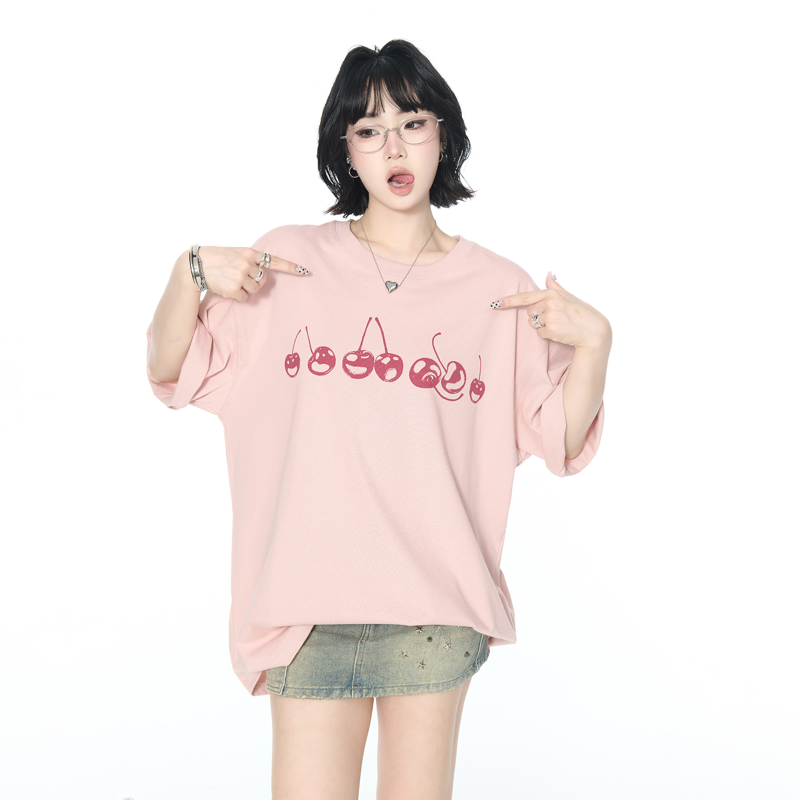 2025夏季新款搞怪樱桃印花短袖T恤女情侣款宽松ins街头风半袖上衣