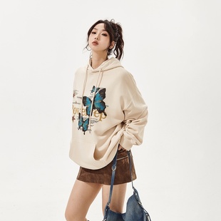 YEP美式 复古蝴蝶杏色连帽卫衣女春秋潮宽松上衣外套oversize情侣