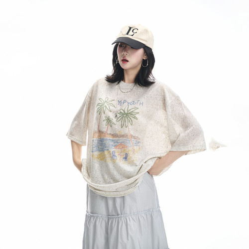设计感微透印花t恤女短袖夏季新款慵懒风防晒罩衫宽松薄款上衣潮
