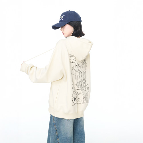 YEP美式复古印花连帽卫衣外套女春秋新款宽松高街潮牌情侣款上衣