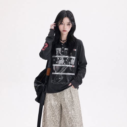 美式做旧印花卫衣女早秋新款复古POLO衫宽松无帽y2k轻亚比上衣潮