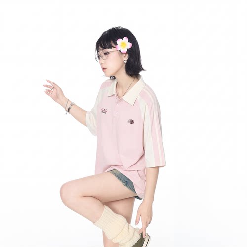 美式拼接解构印花t恤女短袖2026新款夏季复古POLO衫宽松潮牌上衣