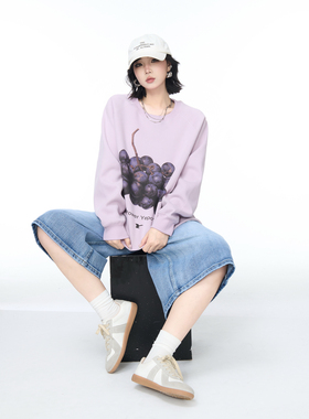 YEP春秋新款浅紫色葡萄印花圆领卫衣女宽松外套美式街头套头上衣