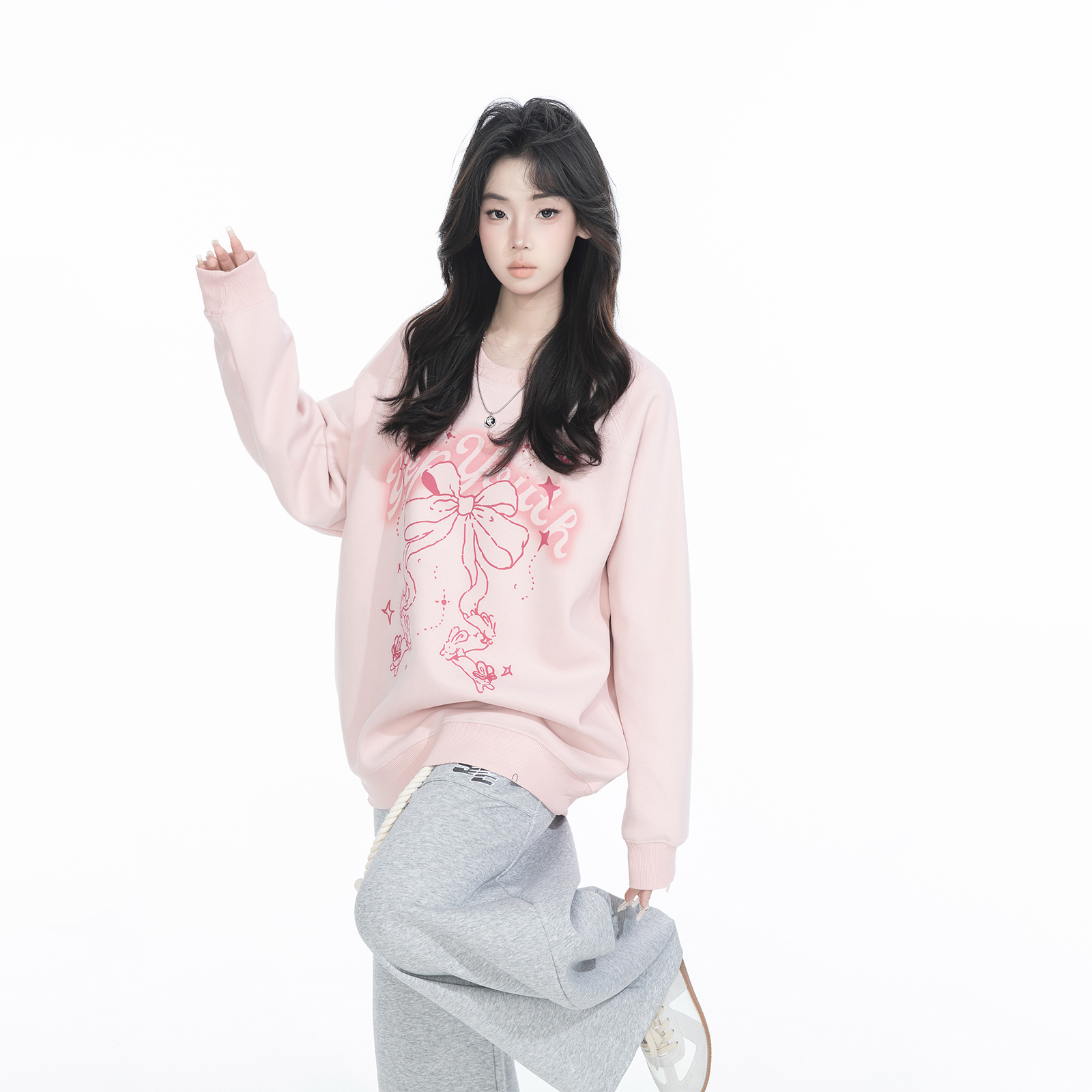 YEP2025春季新款蝴蝶结创意印花卫衣甜酷少女感治愈系宽松上衣