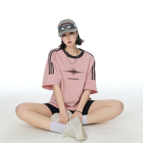 2026夏季新款潮酷三道杠印花宽松短袖T恤女街头风纯棉半袖上衣