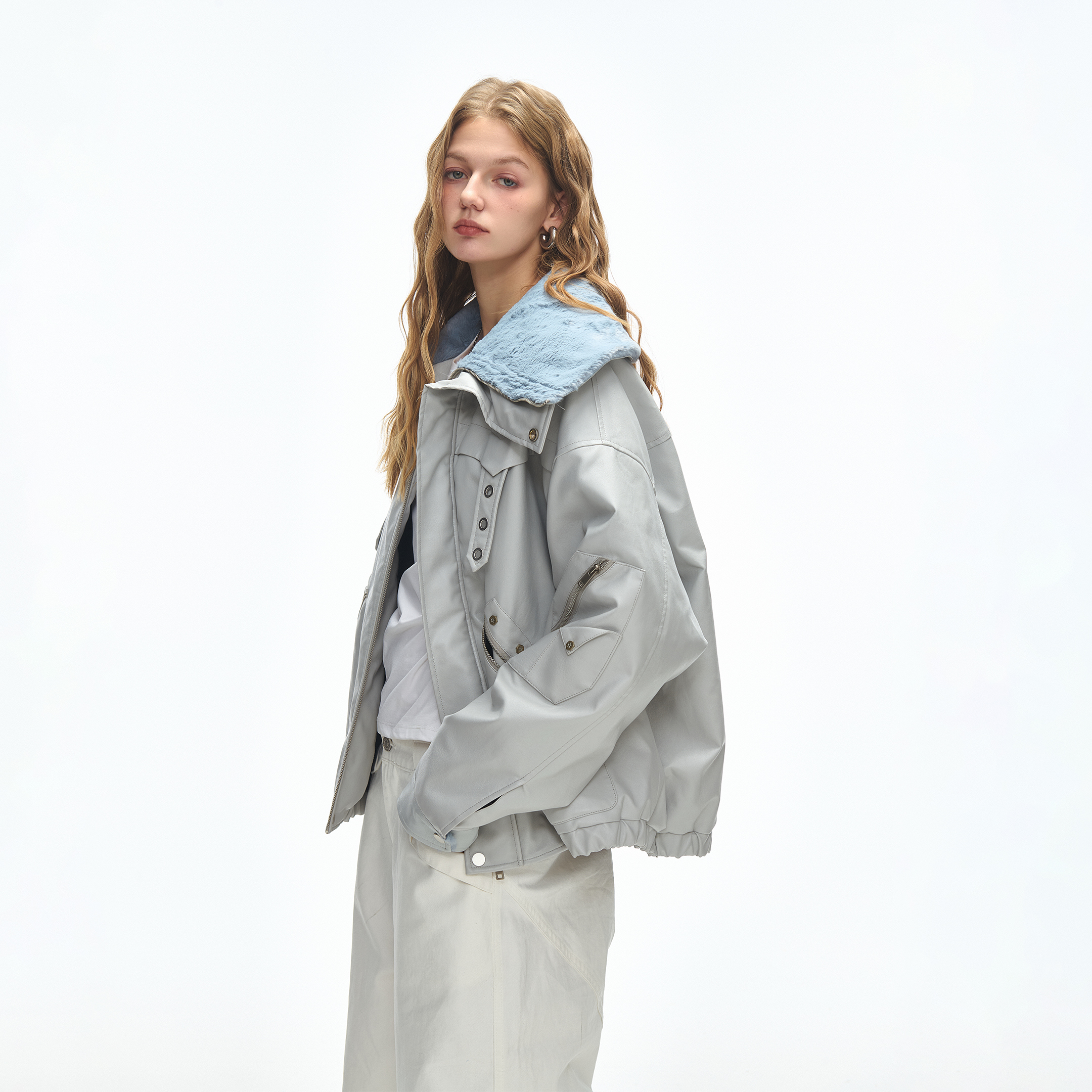 美式复古浅灰色PU皮夹克棉服女冬季新款大翻领毛领保暖皮衣外套