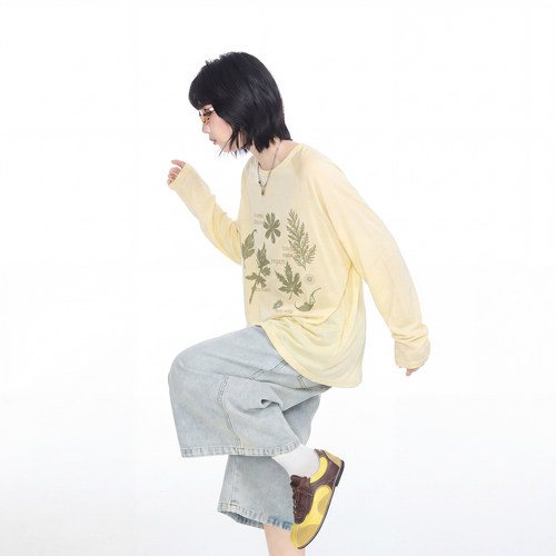 莱赛尔天丝印花长袖t恤女夏季新款物理防晒罩衫宽松薄款微透上衣