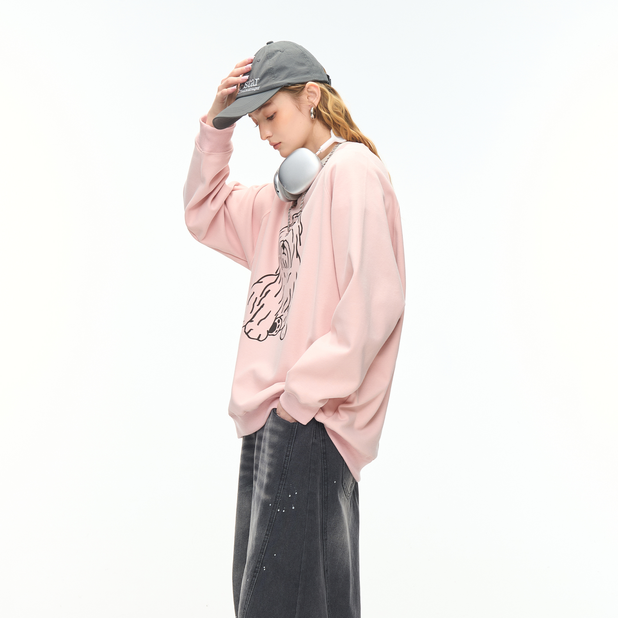 YEP美式卫衣女春秋可爱狗狗ins设计感粉色oversize圆领无帽上衣