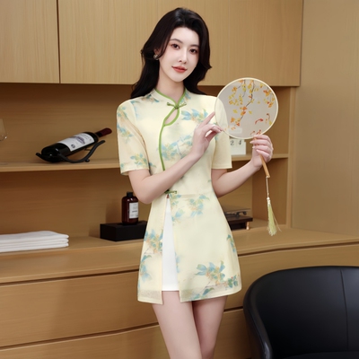 新中式A字旗袍裙涤纶印花盘扣