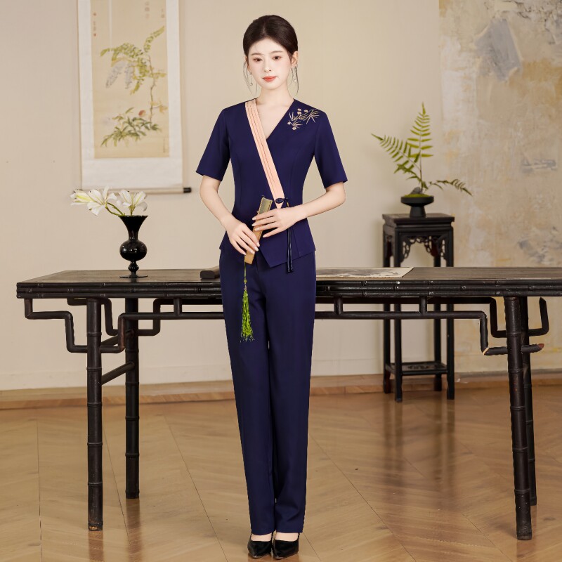 技师工作服拼色绣花流苏