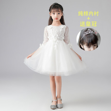 儿童洋气合唱白色礼服公主裙女童走秀蓬蓬裙长袖钢琴演奏花童主持