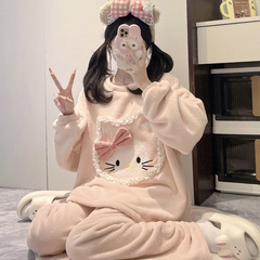 法兰绒睡衣女秋冬季加绒加厚甜美可爱凯蒂猫珊瑚绒家居服学生套装