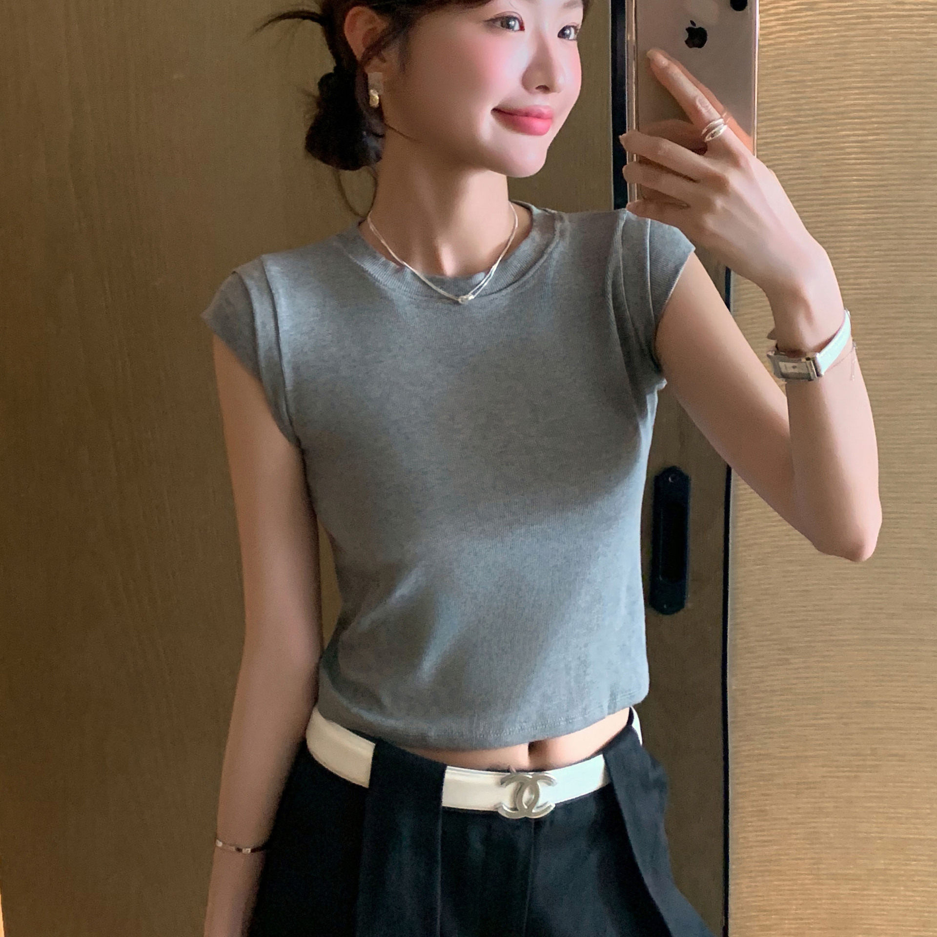 K1209螺纹圆领短袖t恤女春夏季修身打底衫百搭显瘦拼接小飞袖上衣
