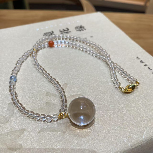天然白水晶球球吊坠锁骨链双a级全净体大珠子项链925小米珠颈链女