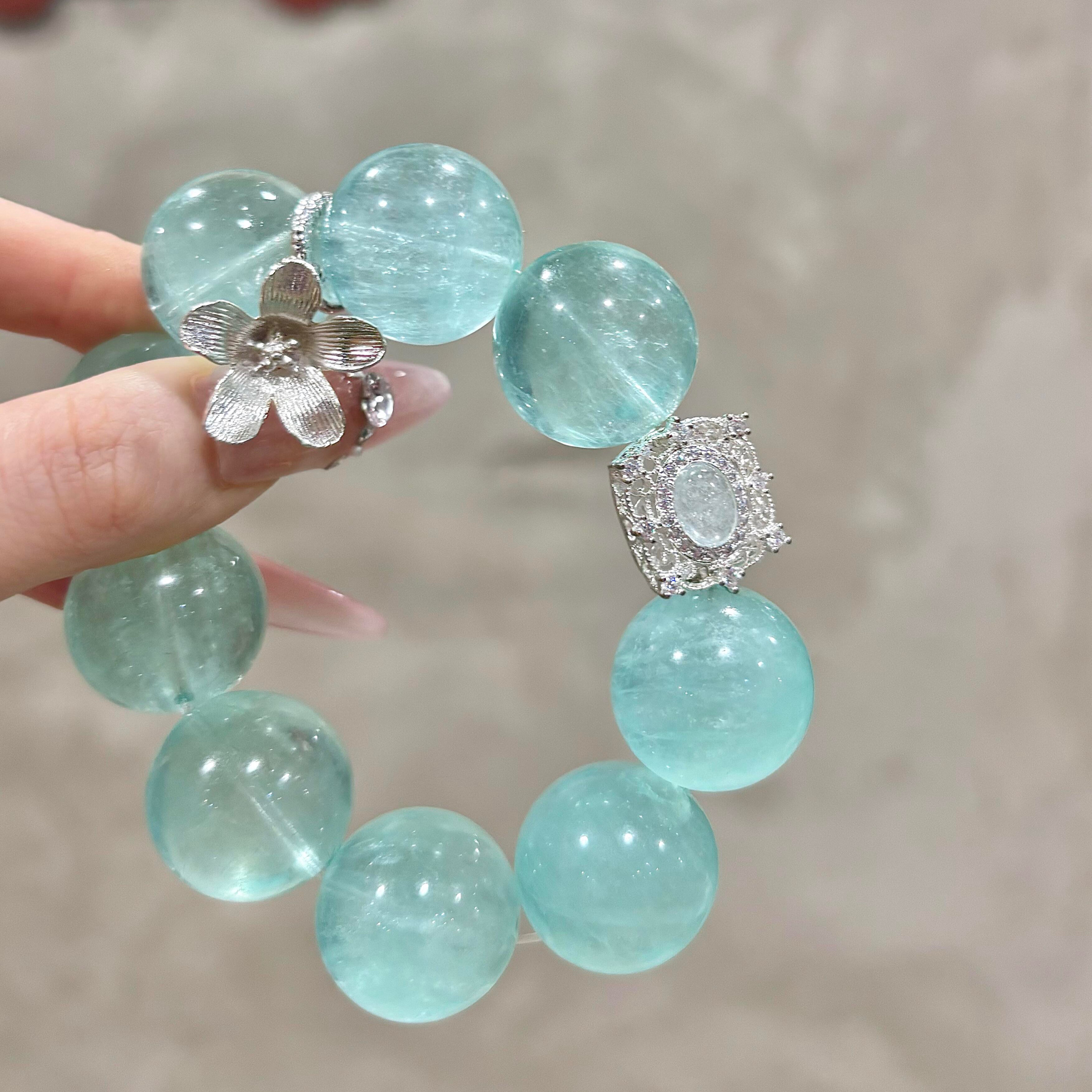 冰川蓝透冰天然湖水蓝萤石水晶串珠花朵手链蓝宝石手串薄荷慢波绿