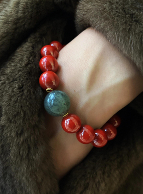 新年复古天然95%高含量帝王砂红朱砂手串大颗粒青花和田玉转运珠