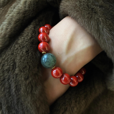 新年复古天然95%高含量帝王砂红朱砂手串大颗粒青花和田玉转运珠