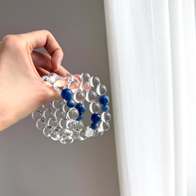 云汀万物生系列巴西双A天然白水晶蓝晶石925纯银手串牛鼻孔泡泡珠