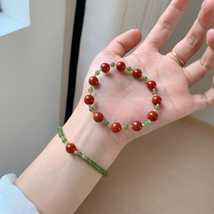 天然南红玛瑙和田碧玉小米珠手链本命年聚财转运珠红豆手串男女款
