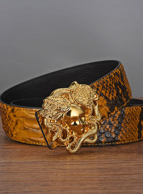 美人头新款男士皮带真皮纯铜平滑扣裤带时尚百搭黑色腰带