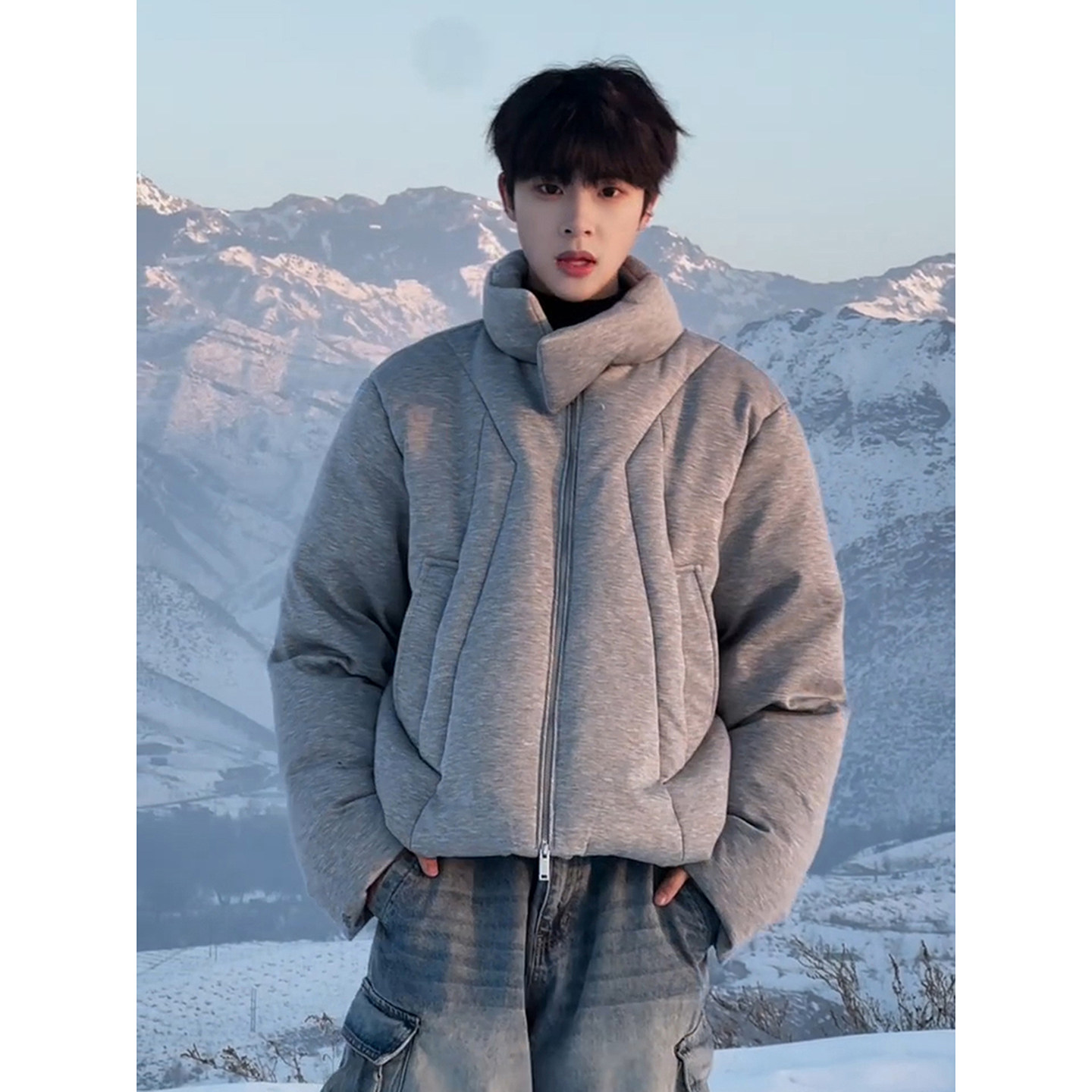 cleanfit灰色哈灵顿棉服男外套