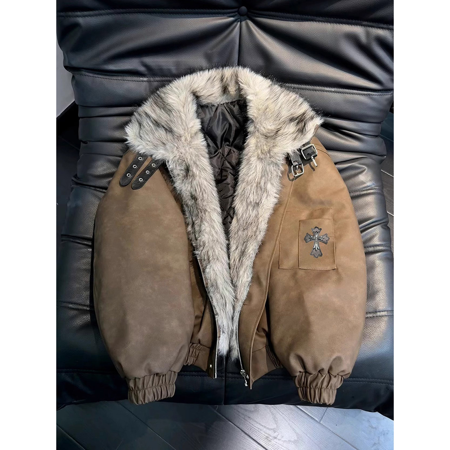 PU皮座山雕狼王棉服男冬季外套