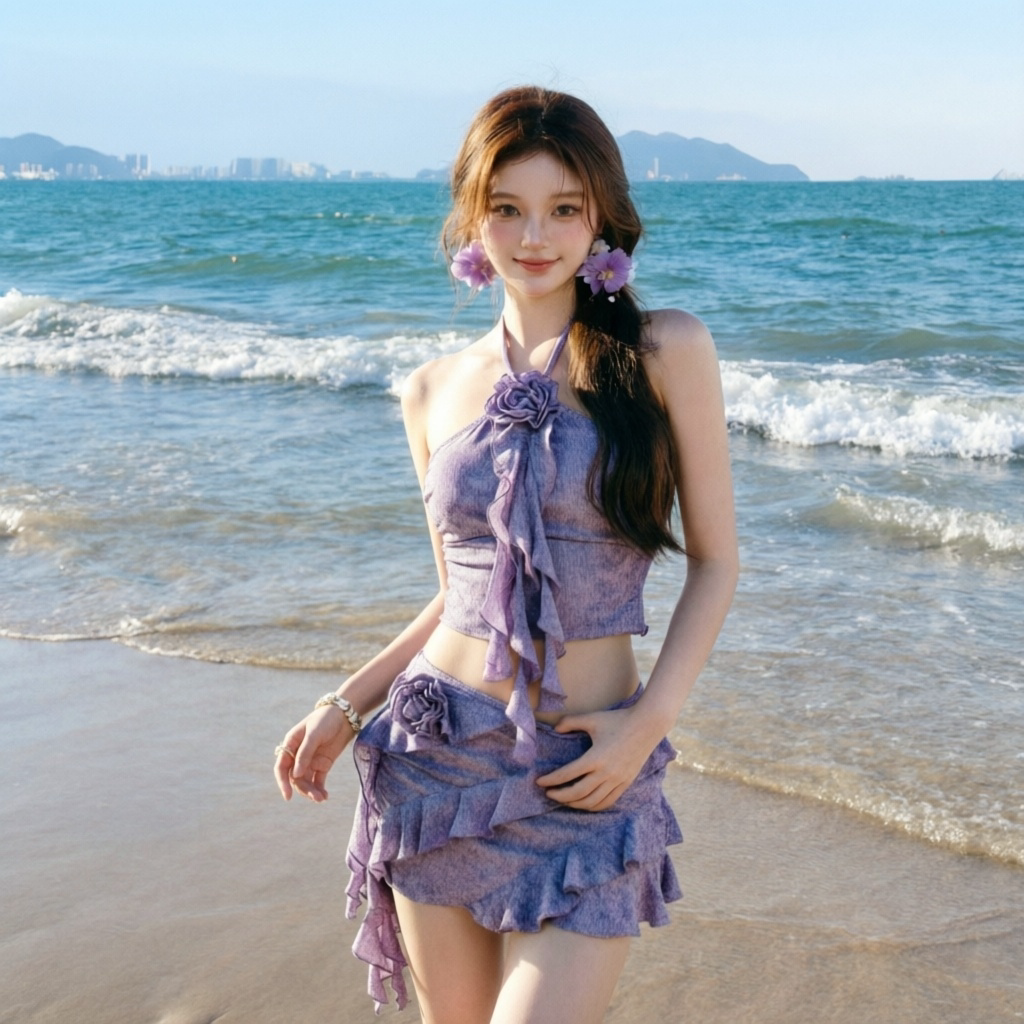 2026新款挂脖分体泳衣女三件套性感纯欲小胸显瘦温泉海边度假泳装